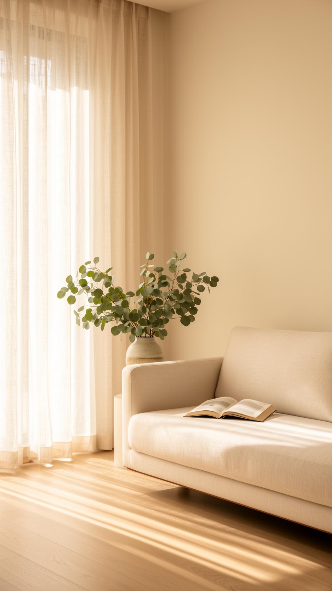 Sunlit minimalist living room with linen curtains and eucalyptus
